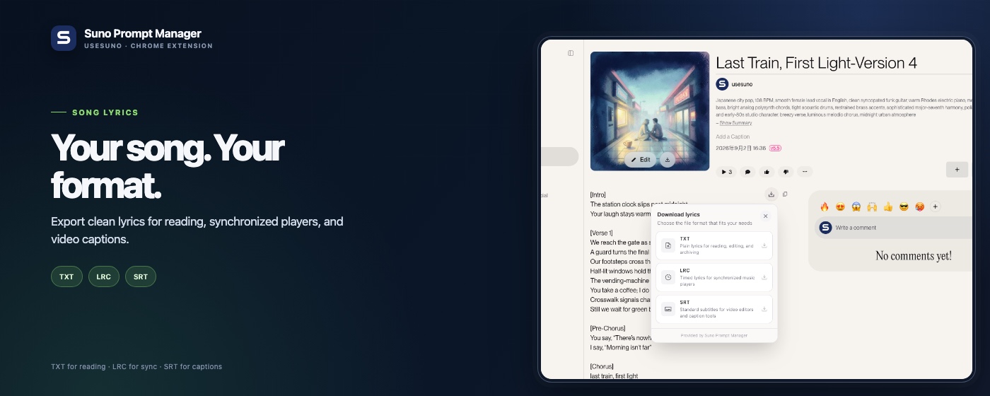 Suno Prompt Manager lyrics download menu open on a Suno song detail page with TXT, LRC, and SRT options