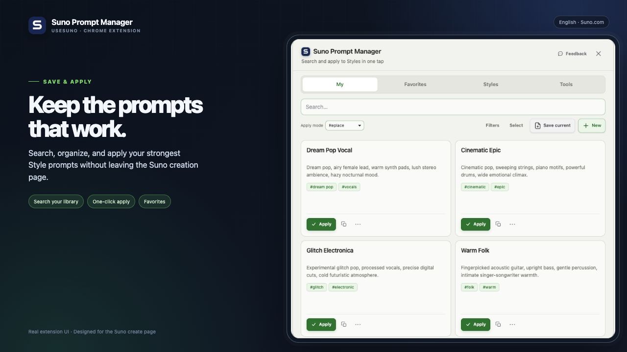 Suno Prompt Manager Chrome extension on suno.com: current prompt library and Style workflow