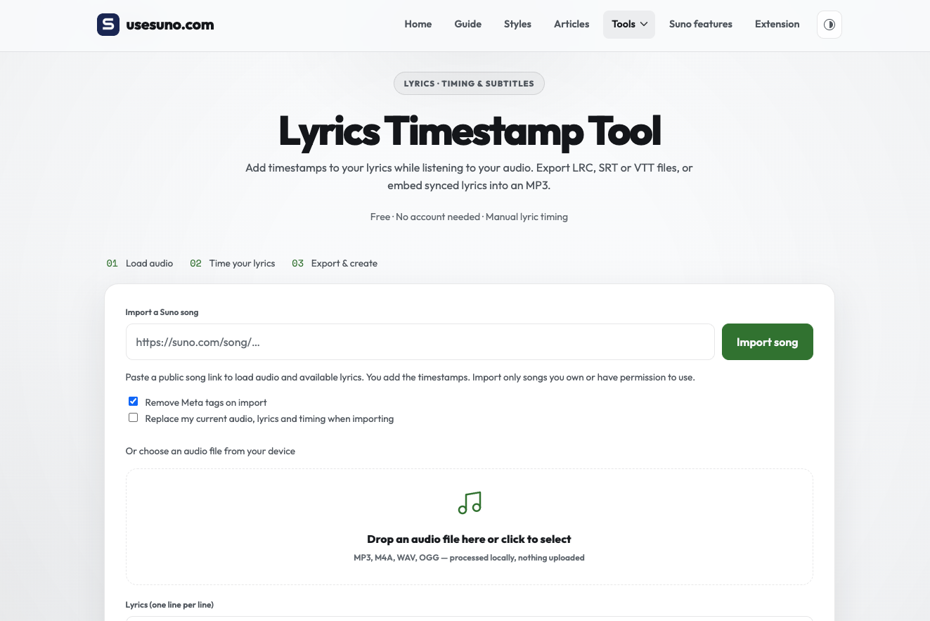 UseSuno Lyrics Timestamp tool for importing audio, entering lyrics, and recording lyric timings