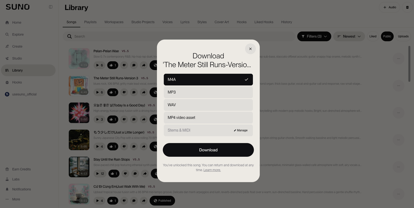 Suno Library download dialog showing M4A, MP3, WAV, MP4 video asset, Stems & MIDI, and a Download button
